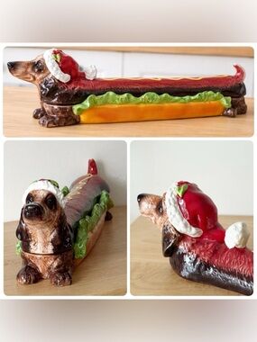 Ganz Dachshund Doxie 18”L Ceramic Christmas Santa Hat Weiner Dog Relish Dish